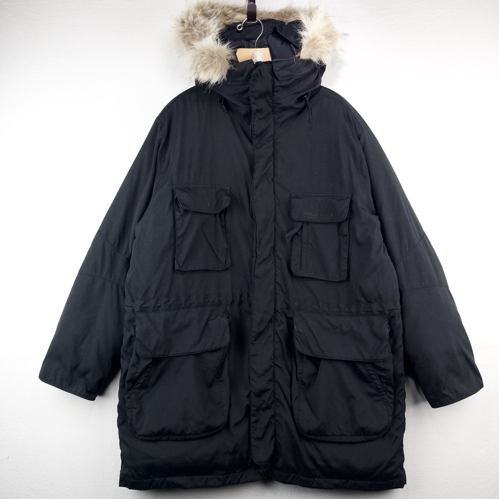 90's Vtg Polo Sport Ralph Lauren Men's L Black Down Parka Jacket Coyote Fur Trim